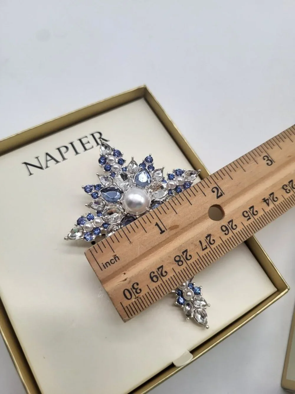 NAPIER Silver Tone 3D Cross Brooch Rhinestones Faux Pearls Blue Clear Religious